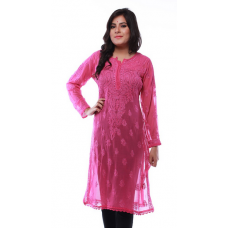 Ada Hand Embroidered Extra Large Magenta Faux georgette Lucknow Chikankari Long Kurti